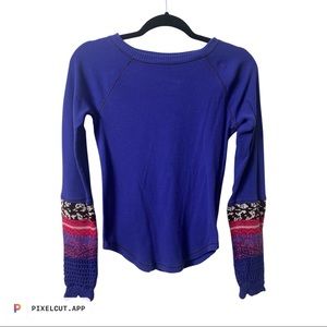Free People Cobalt Blue Henley Crochet Sleeves $78 NWOT